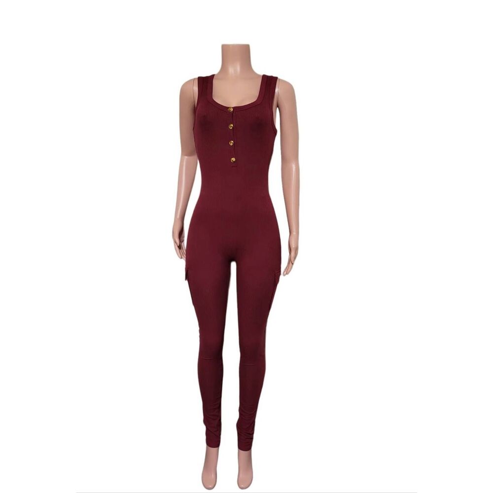 Asa women's crew neck sleeveless ribbed button-up burgundy  jumpsuit knit bodyco